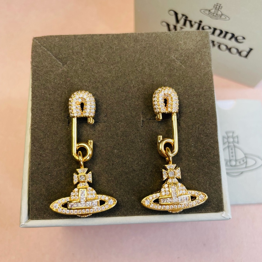 Vivienne Westwood Gold Saturn Safety-pin Orb crystal pave Earrings
